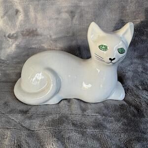 White Ceramic Cat Figurine with Green Eyes